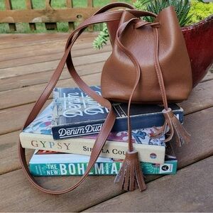 Shaffer LA The Greta Leather Bucket Bag with Tassels in Caramel Brown